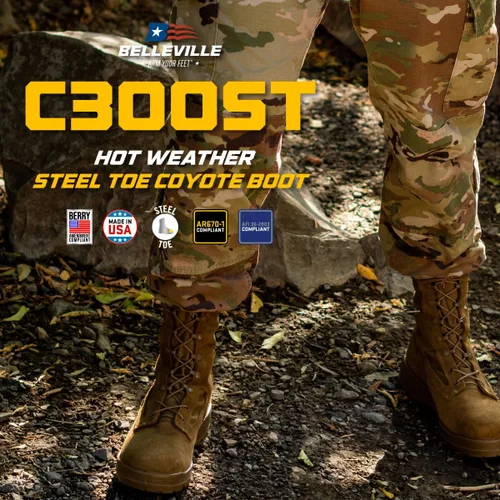 Vista 2 de Belleville C300 ST - Botas de combate con punta de acero para clima caliente de 8 pulgadas para hombres, botas de cuero de ganado marrón coyote