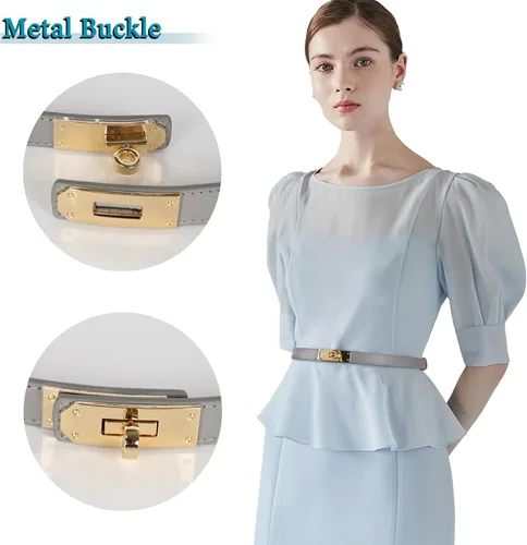 Vista 390 de Cinturón de cuero clásico con hebilla de metal para mujer con vestido de jeans
