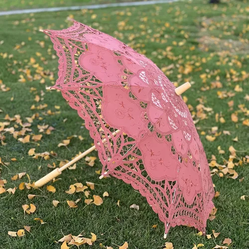 Vista 2 de AEAOA Sombrilla de encaje para boda algodón a la moda con mango de madera para decoración de fotos disfraz de dama talla adulta marrón