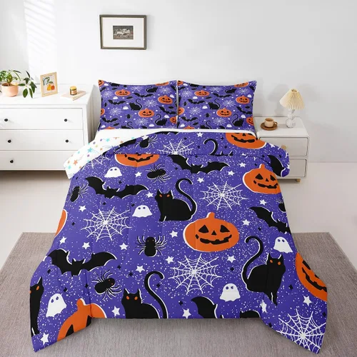 Vista 14 de Feelyou Juego de edredón de Halloween, color rosa fantasma, juego de ropa de cama tamaño individual, decoración para niños y niñas, lindo juego