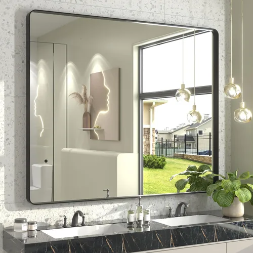 Vista 119 de Paquete de 2 espejos de baño con marco de metal negro de 22 x 30 pulgadas, espejo rectangular redondeado negro mate, antioxidante, se cuelga