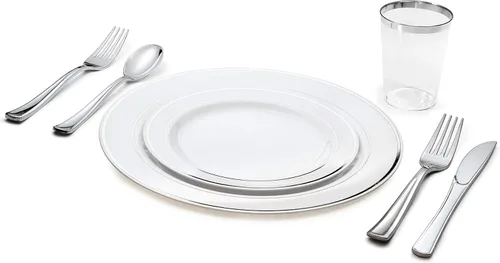 Vista 11 de Occasions" - Juego de vajilla de 180 piezas/20 invitados, platos de plástico desechables para boda, vasos de borde plateado y servilletas de tacto