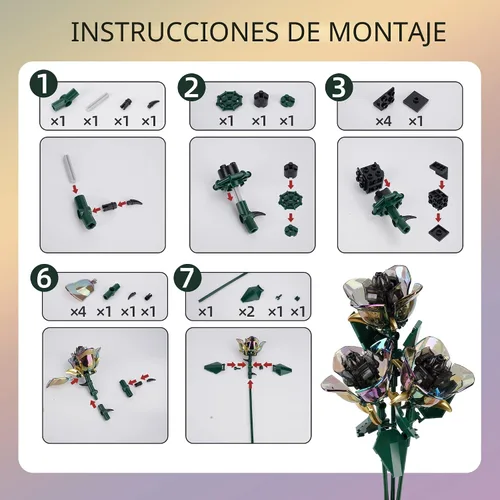 Vista 7 de Conjunto de construcción de ramo de flores de rosas KIYOJIN, colección botánica de planta artificial arcoíris compatible con Lego, regalo
