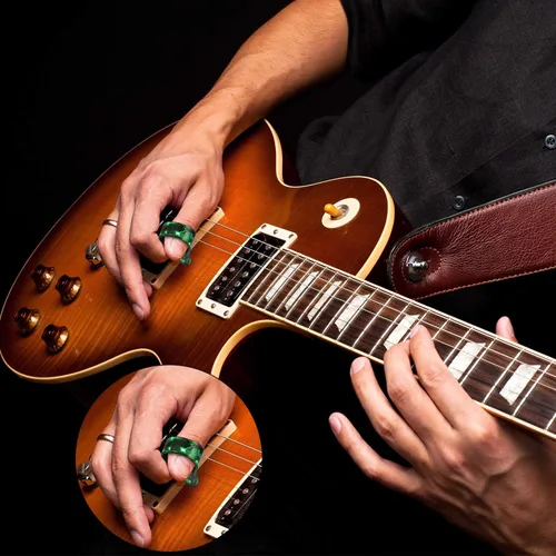 Vista 6 de Frienda Púas de dedo para pulgar, palillos planos, púas de guitarra de mano de celuloide