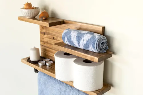 Vista 3 de Straga Estantes rústicos de baño montados en la pared, organizadores de estantes de madera dura de 23 pulgadas con soporte para toallas de 18