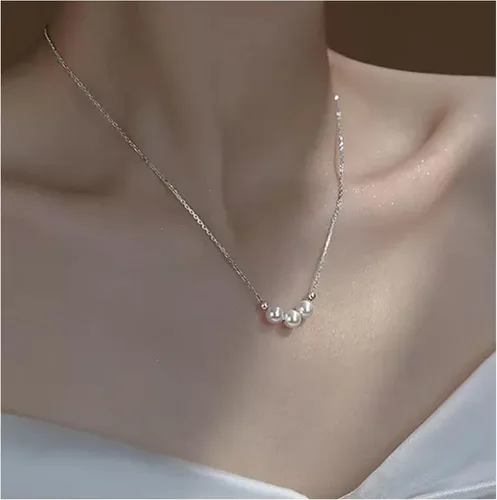 Vista 4 de Dainty Pearl Sterling Silver Choker Necklace for Women, Best Friend Necklace With 3 White Pearls, April Birthstone Necklace