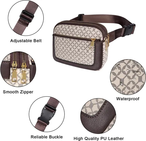 Vista 3 de Geestock Riñoneras para mujer, bolsa de cinturón de cuero vegano a la moda, impermeable, para cualquier lugar, con correa ajustable, Impresión