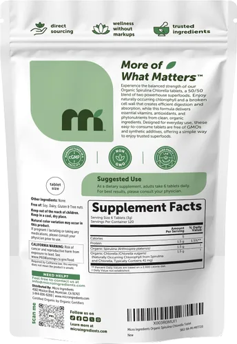 Vista 7 de Tabletas de espirulina de Chlorella orgánica, 3000 mg por porción, 720 unidades, suministro de 4 meses, superalimento de mezcla 50/50, sin relleno