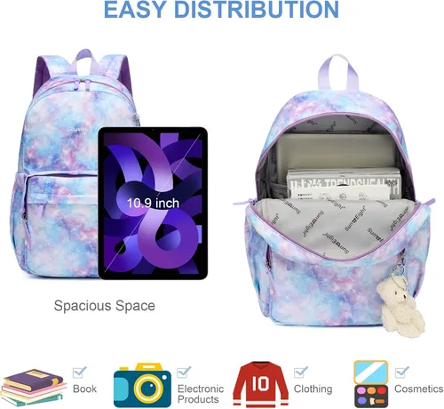 Vista 5 de Mochila ligera impermeable de ocio con patrón de cielo de estrella, bolsa escolar con diseño de flor de anacardo, azul, (Blue Starry Sky)
