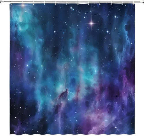 Vista 10 de Cortina de ducha de luna llena, paisaje nocturno del océano, agua de mar, superluna, astronomía, tela negra, juego de decoración de baño, incluye