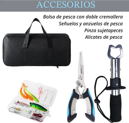 Vista 6 de Tripquips Caña de pescar, combo de 2 piezas de caña de pescar telescópica y carrete con alicates de pesca y agarre para labios, combo de carrete