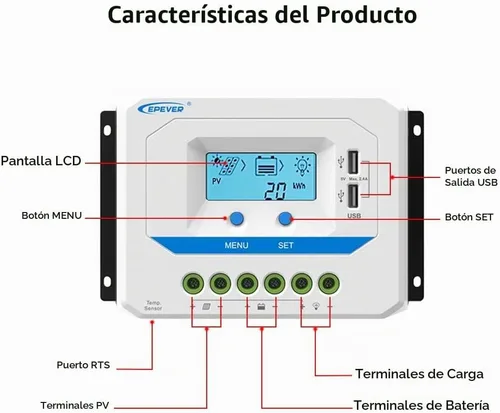 Vista 2 de EPEVER Controlador de carga solar de 10 A, regulador de carga de panel solar PWM de trabajo automático de 12 V/24 V, con pantalla LCD y potente