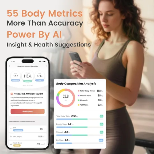 Vista 3 de Wonder Core FitSpec - Báscula inteligente con análisis de IA, 55 métricas de composición corporal para grasa corporal, IMC, masa muscular, 8