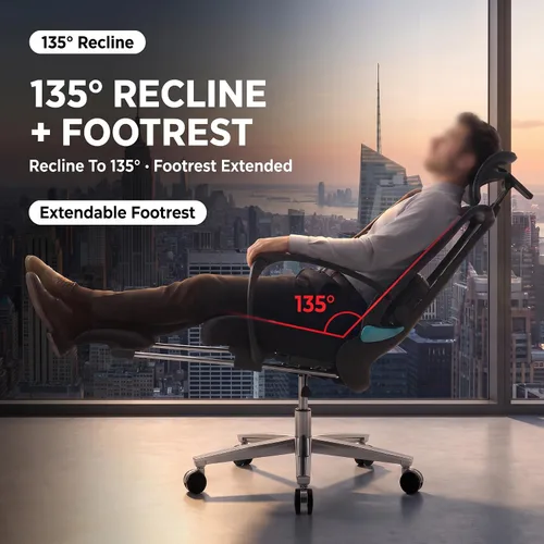 Vista 6 de Silla de oficina ergonómica con reposapiés y masajeador lumbar ajustable, silla de escritorio grande y alta con reposacabezas 5D, silla giratoria