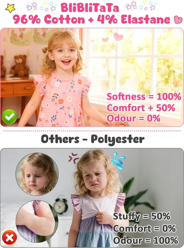 Vista 4 de Vestido casual para niñas, de algodón suave, manga corta, transpirable, acampanado, para adolescentes, talla 2T, 3T, 4T, 5, 6, 7, 8, 9, 10, 12, 13