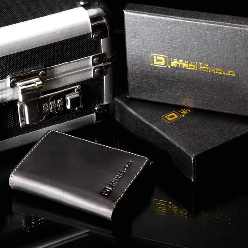 Vista 6 de Billetera de hombre de cuero legítimo con plegado tríptico y protección completa RFID- Cuero rugoso de exquisita calidad, M, Negro