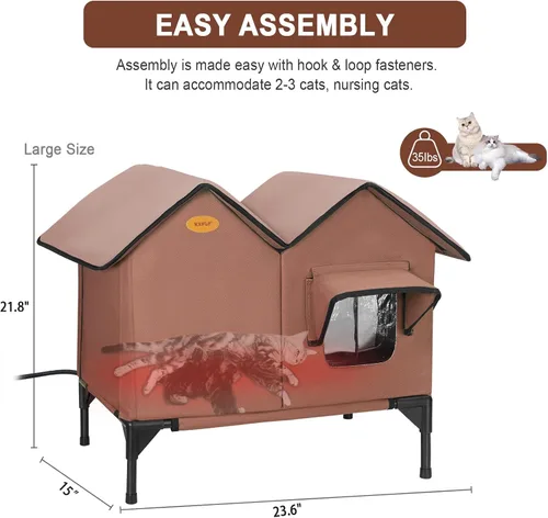 Vista 5 de Casa climatizada para gatos para exteriores en invierno, casa elevada para gatos al aire libre, resistente a la intemperie, puerta de escape