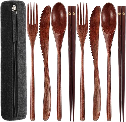 Vista 11 de Utensilios de madera reutilizables para comer, 8 piezas de cucharas de madera de viaje, tenedores, palillos, juego de cubiertos con estuche
