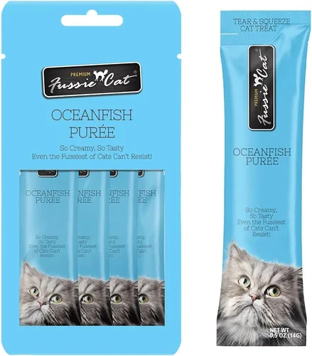 Vista 31 de Fussie Cat Golosinas prémium para gatos en puré de atún, golosinas para lamer, 3 paquetes de tubos de 4 a 0.5 onzas, (12 tubos en total), variedad