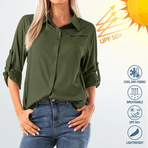 Vista 5 de Camisas de manga larga para mujer secado rápido protección UV convertibles para senderismo campamento pesca navegación
