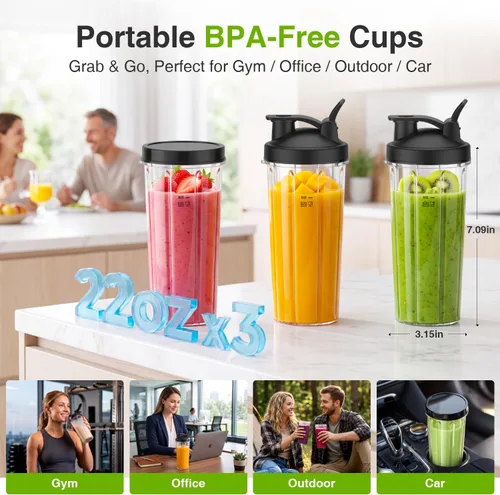 Vista 3 de KOIOS Licuadora para Batidos, Licuadora Personal para Batidos y Smoothies con 3 * 22oz Vasos Para Llevar, Batidora de Smoothies de 22000 RPM