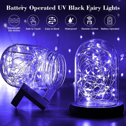 Vista 2 de Paquete de 2 luces LED negras de 16.4 pies, 50 luces LED de hadas UV, funciona con pilas con control remoto y temporizador, 8 modos de luces UV
