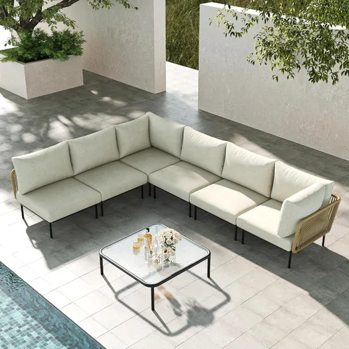 Vista 42 de LayinSun Juego de muebles de patio de aluminio de 7 piezas, sofá modular moderno con mesa auxiliar y cojín de grosor mejorado Gris claro