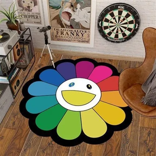 Vista 10 de 100x100cm (40x40 pulgadas) Alfombra de Takashi Murakami con diseño de flores, material suave y duradero para decoración del hogar y uso en la 02