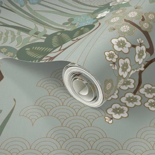 Vista 2 de Spoonflower Crane Chinoiserie - Papel tapiz extraíble para despegar y pegar Rollo de 24 x 72 pulgadas Jardines florales de pájaros y flores