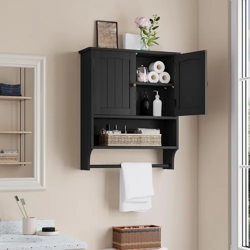 Vista 8 de Smuxee Armario de baño negro montado en la pared con barra de toallas, botiquín con 2 estantes ajustables de puerta, armario sobre inodoro