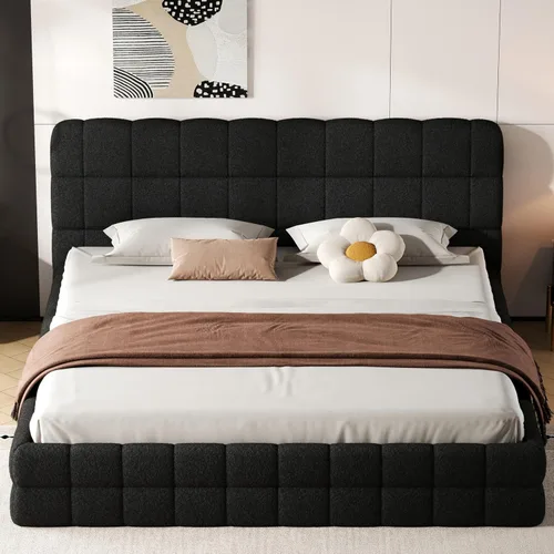 Vista 3 de KLMM Unique King Size Upholstered Platform Bed with Thick Fabric, Grounded Bed with Solid Frame,for Kids Teens Adults Bedroom Use (Black-TF, King)