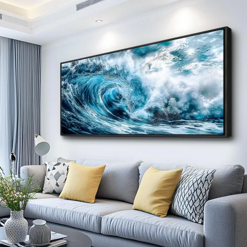 Vista 17 de ERQINHUA Gran decoración de pared para sala de estar, arte de pared en lienzo para restaurante, decoraciones para oficina, pinturas de mar azul