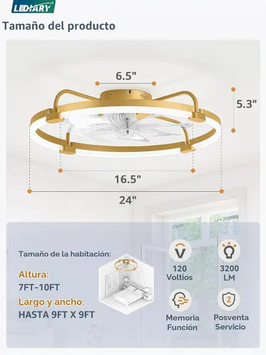 Vista 2 de LEDIARY Ventiladores de techo de 24" con luces y control remoto, luz LED de Dorado