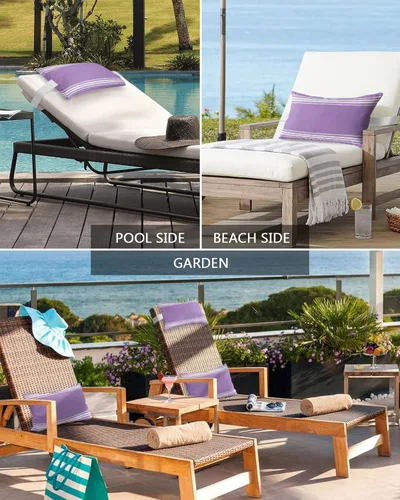 Vista 6 de Almohadas reclinables para la cabeza con inserto, almohada lumbar de rayas moradas y blancas con correa ajustable, almohadas de patio impermeables