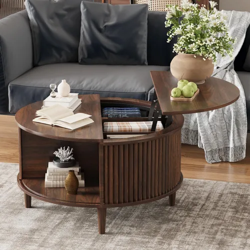 Vista 7 de Mesa auxiliar con tapa elevable y almacenamiento, mesa central redonda acanalada con puerta de armario deslizante, mesa pequeña circular para sala