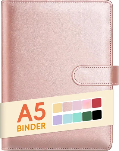 Vista 26 de Sooez Carpeta A5 con 6 anillas, cubierta recargable para cuaderno, organizador pequeño de cuero, carpeta vacía para presupuesto, diario, soporte