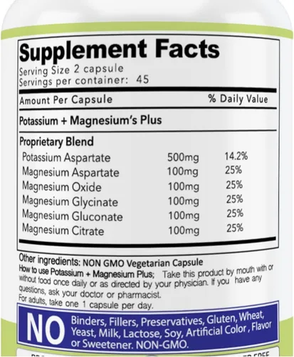 Vista 6 de Daily Vites, Suplemento de potasio y magnesio 1000 mg – 90 cápsulas – Potasio 500 mg y magnesio 500 mg – Aspartato de magnesio, glicinato, óxido