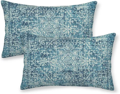 Vista 16 de Fundas de almohada Gohdiwh boho 16 x 16, juego de 2, fundas de almohada decorativas de diseño étnico, fundas de almohada de lino azul