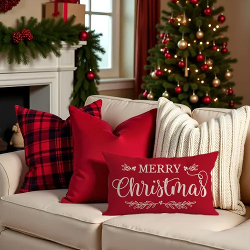 Vista 2 de Fundas de almohada de Navidad de PANDICORN 12x20 pulgadas rojas para decoración rústica navideña al aire libre para sofá, sofá cama, sala de estar