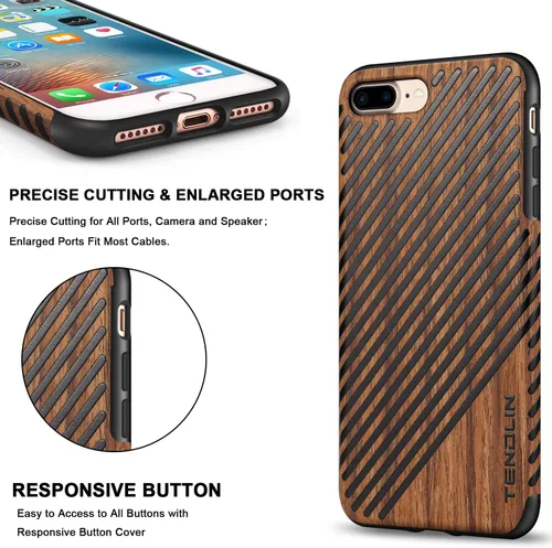 Vista 5 de TENDLIN Funda para iPhone 8 Plus/iPhone 7 Plus con grano de madera exterior suave TPU silicona híbrida funda delgada para iPhone 7 Plus y iPhone 8