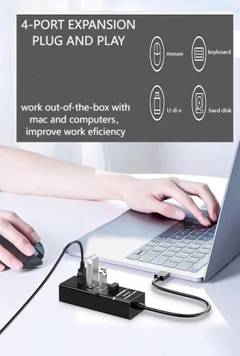 Vista 2 de USB 3.0 4-Port Hub Data 5Gbps Splitter USB Extender con indicador LED y cable extendido 9.8in/25cm para PC Flash Drive Laptop Impresora HDD móvil