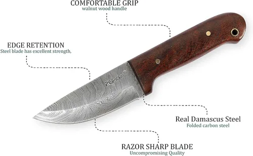 Vista 3 de Venta - Cuchillo de caza de Damasco hecho a mano personalizado Hermoso cuchillo de Bushcraft con funda y sacapuntas de cuchillo