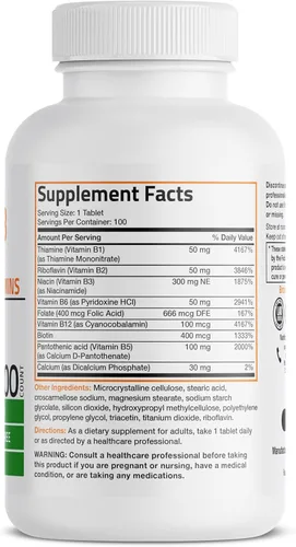 Vista 2 de Bronson Complejo de vitamina B (vitamina B1, B2, B3, B6, B9 - ácido fólico, B12), 100 tabletas