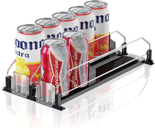 Vista 17 de Organizador de Bebidas para Refrigerador, 12oz 16oz 20oz - Dispensador de Latas de Refresco para Refrigerador, Ancho Ajustable, Deslizador Negro