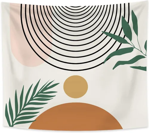 Vista 7 de Tapiz bohemio de mediados de siglo, moderno abstracto geométrico, tapiz con diseño de arco de sol, hojas verdes, tapices para colgar en la pared, 59