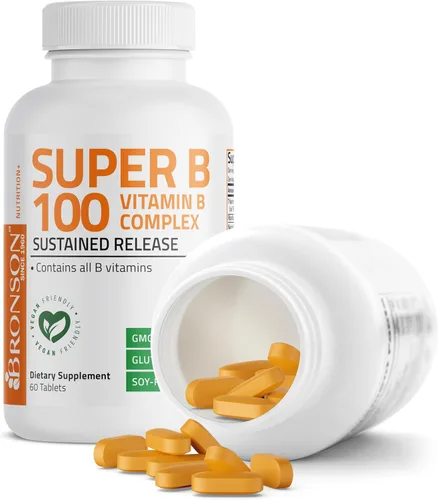 Vista 6 de Bronson Super B100 Complejo de Vitamina B de liberación sostenida contiene todas las vitaminas B (vitamina B1, B2, B3, B6, B9 - ácido fólico, B12)