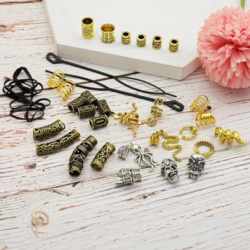 Vista 6 de 207 piezas de joyería para cabello vikingo, cuentas de runas nórdicas en tubo, kit de accesorios para trenzas, rastas, barba, locs, clips metálicos