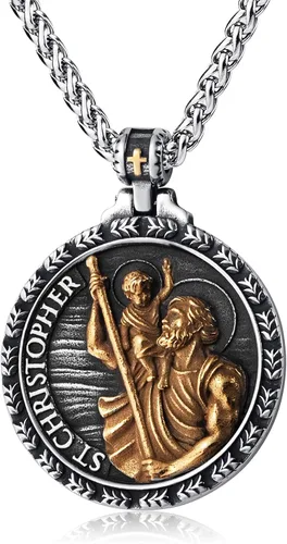 Vista 16 de Collar de San Cristóbal/Jorge/Miguel/Jesús/María para Hombre, Medallón de Santos Patrones, Joyería de Acero Inoxidable