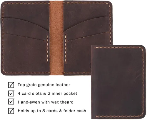 Vista 4 de Cartera de cuero plegable hecha a mano - cartera de cuero minimalista de la tarjeta de crédito