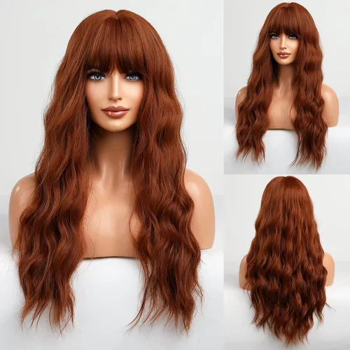 Vista 16 de HAIRCUBE Peluca larga rubia mezclada con marrón con flequillo, pelucas rizadas en capas para mujeres, pelucas sintéticas naturales para uso diario